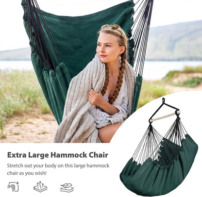 SUNCREAT Hammock Chair Hanging Rope Swing Seat-Max 450lbs Capacity, Extra Large Hanging Swing with Metal Support Bar, Side Pocket, Green