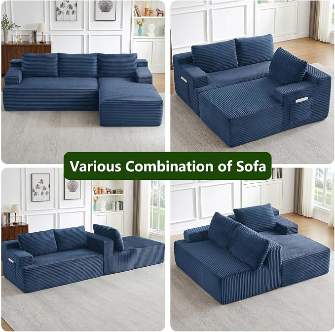 96" Modular Sectional Sofa, Modern Corduroy Cloud Couch with Side Pockets, Boneless Couch Upholstered 3-Seater L-Shaped Sofa for Living Room, No Assembly Required (Blue, Right-Facing Chaise)