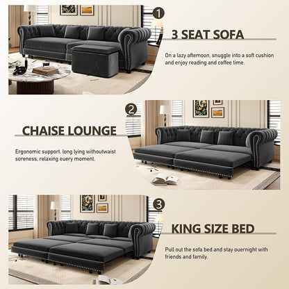 89" Velvet Pull Out Sofa Bed - 3-in-1 Convertible Sleeper Sofa with Ottoman, Button Tufted Chesterfield Sofa, Pull-out King Size Couch Bed, Space Saving for Small Spaces Apartments, Living Room, Grey