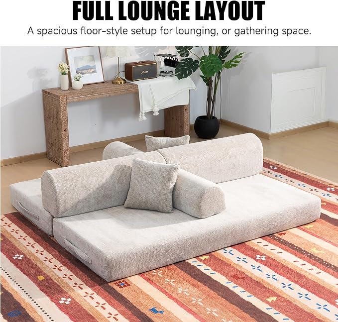78.8" Memory Foam Boneless Couch, Corduroy Floor Sofa Bed, Convertible Sleeper Futon Loveseat, Wide Armrests & Back Support, Supports Up to 1200 lbs, Couch in a Box with 2 Pillows, Light Camel