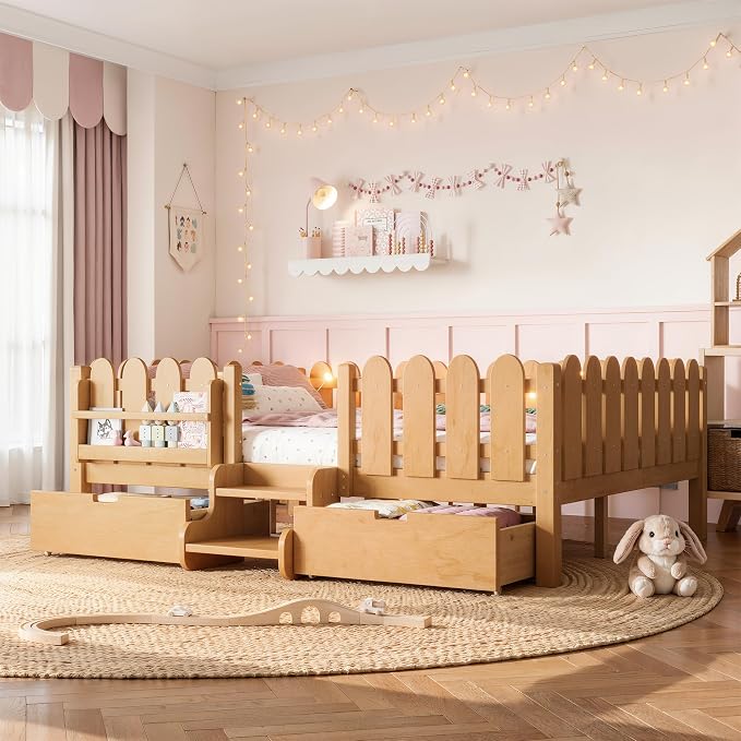 Bellemave Queen Kids Montessori Bed with Stairs, Bookshelf and LED Lights, Solid Wood Kids Bed Frame with Storage Drawers for Boys Girls, Low Profile,Natural
