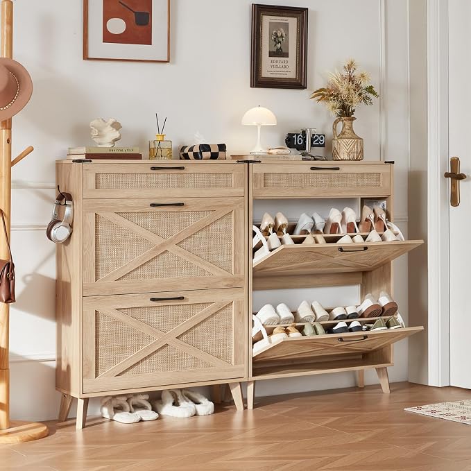 LEYAOYAO Shoe Cabinet Storage for Entryway with 2 Flip Drawers Rack Narrow Organizer Slim Hidden Wood Shoe Cabinet Furniture Natural Oak
