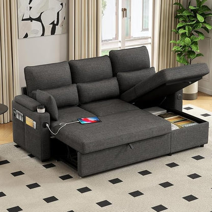 L-Shaped Sectional Sofa with Storage, Reversible Sleeper Sofa Couch with Chaise, Soft Fabric Upholstered Modular Couch with Cup Holder & Side Pockets, 1000lbs Capacity for Living Room (Black, 3-Seat)