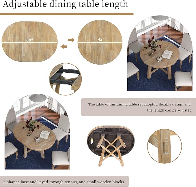 LUMISOL 42"-58" Extendable Round Dining Table for 4-8, Farmhouse Oval Kitchen Table with Removable Leaf, Solid Wood Dinner Tables for Kitchen, Dining Room, Small Space, Natural