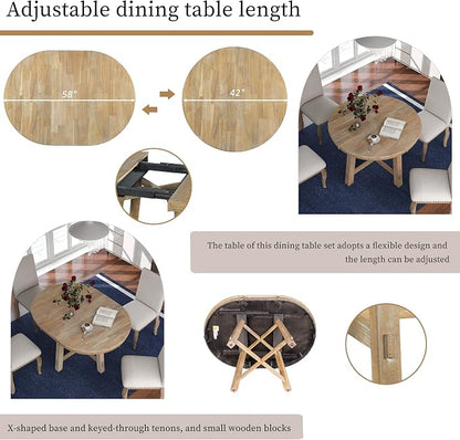 LUMISOL 42"-58" Extendable Round Dining Table for 4-8, Farmhouse Oval Kitchen Table with Removable Leaf, Solid Wood Dinner Tables for Kitchen, Dining Room, Small Space, Natural