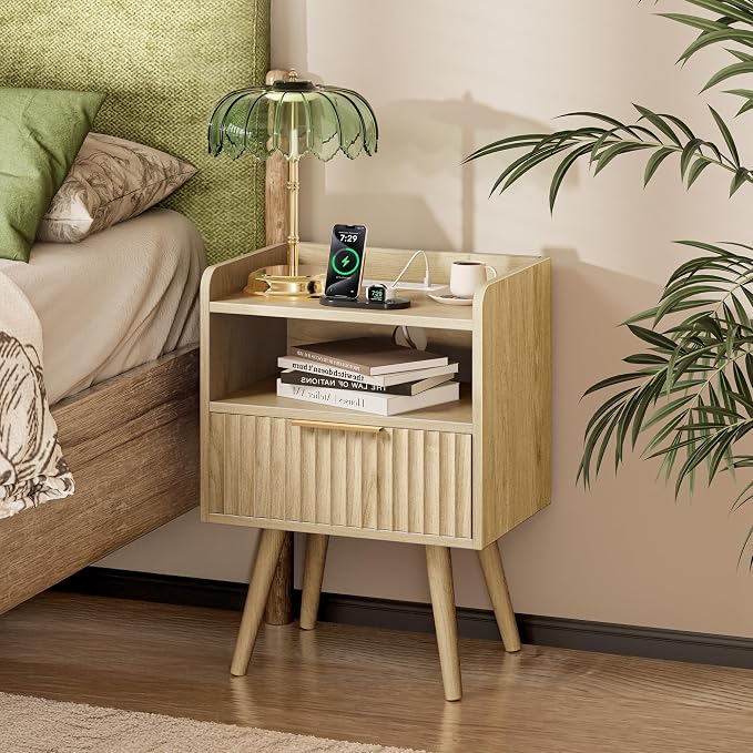 Huuger Nightstand with Charging Station, USB-C Port, Fluted Night Stand Set of 2, Bed Side Table with Drawer, Solid Wood Feet, Open Storage, End Table with Raised Edge, for Bedroom, Natural