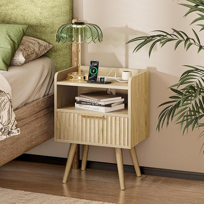 Huuger Nightstand with Charging Station, USB-C Port, Fluted Night Stand Set of 2, Bed Side Table with Drawer, Solid Wood Feet, Open Storage, End Table with Raised Edge, for Bedroom, Natural