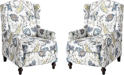Upholstered Wingback Recliner Chair, Mid Century Modern Manual Push Back Recliner for Living Room, Bedroom (2, Blue & White Floral)
