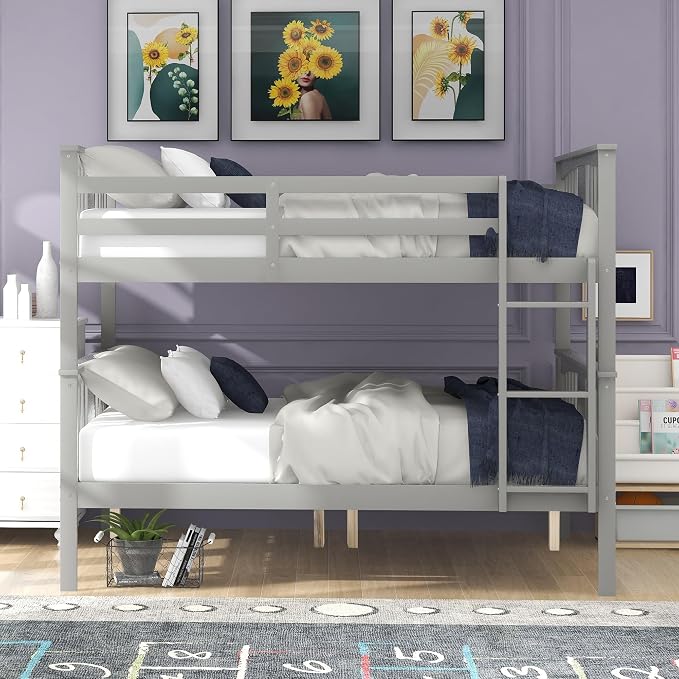 Merax Full Over Full Bunk Bed Convertible to Two Separate Beds, Solid Pine Wood Frame with Safety Guardrail & Headboard/Footboard, Sturdy Durable Design, for Teens/Adults, No Box Spring Needed, Grey