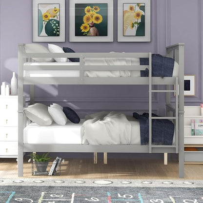 Merax Full Over Full Bunk Bed Convertible to Two Separate Beds, Solid Pine Wood Frame with Safety Guardrail & Headboard/Footboard, Sturdy Durable Design, for Teens/Adults, No Box Spring Needed, Grey