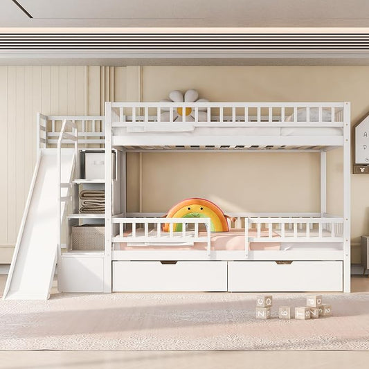 Full Over Full Bunk Bed with Slide and Staircase