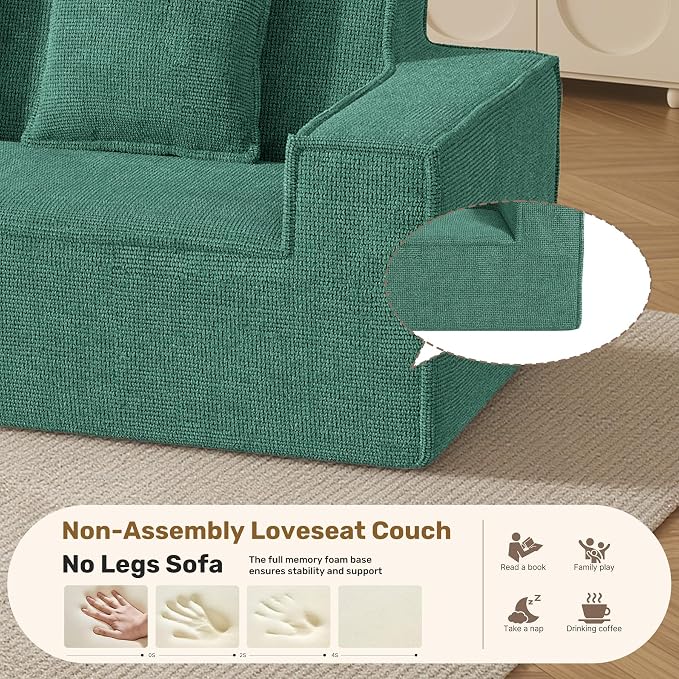 Luxanimarion 77'' Modern Small Loveseat, No Assembly Required Cloud Sofa Cloud Sofa Boneless Couches with 2 pcs Pillows for Living Room, Apartment(Polar Fleece-Green)