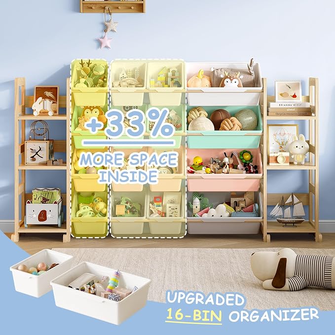 EXPERLAM Extra Large Toy Storage - Toy Storage Organizer, Wooden Toy Organizer with 6 Side Shelves and 16 Bins, 3-in-1 Bookshelf for Kids Rooms, Playroom, Nursery, Multi
