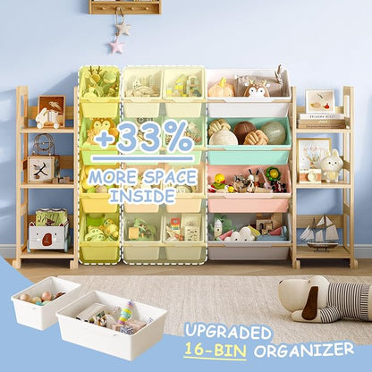 EXPERLAM Extra Large Toy Storage - Toy Storage Organizer, Wooden Toy Organizer with 6 Side Shelves and 16 Bins, 3-in-1 Bookshelf for Kids Rooms, Playroom, Nursery, Multi