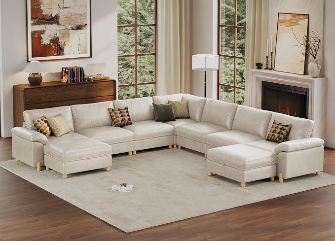 SITJOY Large Cloud Couch, 138" Wide 7 Seater V Shape, Faux Leather in White | Pet-Friendly Scratch-Resistant Leather Sectional Sofas for Living Room, Deep Seat Wide Couch with Chaise, Storage Ottoman