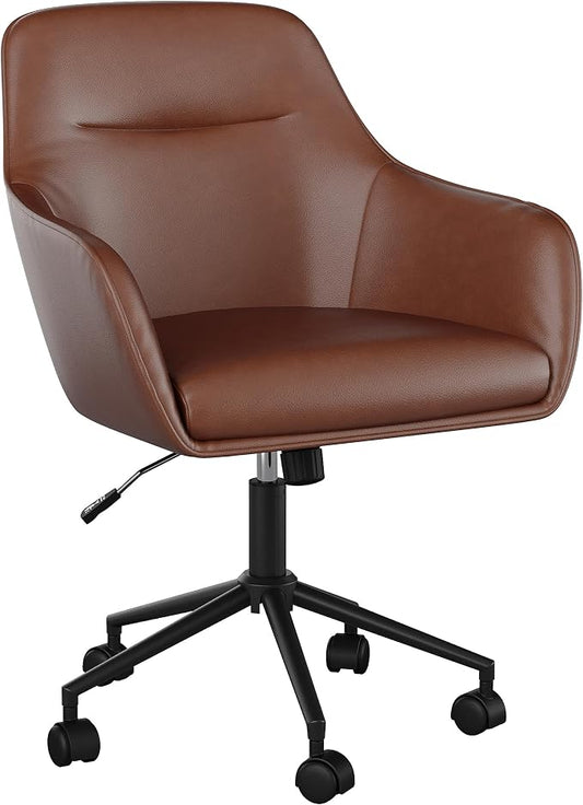 Martha Stewart Rayna Swivel Task Chair with Flared Arms for Home Office in Saddle Brown Faux Leather with Oil Rubbed Bronze Frame