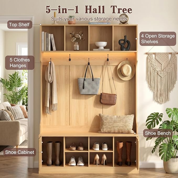 Hall Tree with Bench and Shoe Storage, 5-in-1 Entryway Coat Rack with LED Sensor Light, Hooks and Storage Cubes, Shoe Cabinet with Fluted Door, Modern Hall Tree for Entryway, Living Room
