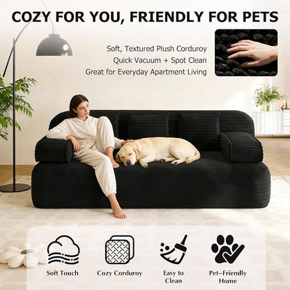 Convertible Sofa Bed, 78.7" Frameless Floor Sofa-in-a-Box, Corduroy Boneless Couch for Small Space Apartments, Queen Sleeper Sofa for Everyday Use, 3 Pillows Included, No Assembly (Black)