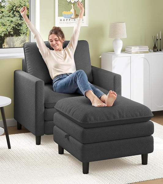 Welzona 3-Layers Cloud Accent Chair with Ottoman, 33" Comfy Reading Chair for Bedroom, Living Room, Tool-Free Assembly with Teddy Fabric Arm Chairs and Ottoman Set, Grey, Removable Washable Cover