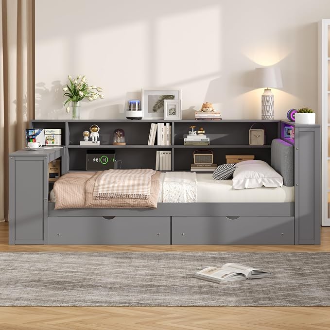 Bellemave Full Corner Bed with Storage Shelves and Desk, Upholstered Headboard Daybed with Bookcase and Drawers，Daybed with Storage, Grey+ Grey Cushion