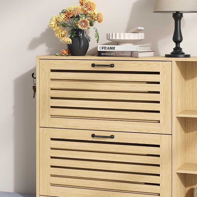 Maupvit Narrow Shoe Cabinet with Bench for Entryway, 3 Flip Louvered Doors & Side Storage Cabinet, 44" H Shoes Organizer with Upholstered Seat & Hooks for Front Door Entrance, Natural Oak