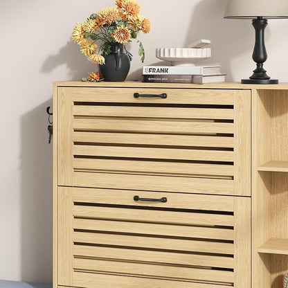 Maupvit Narrow Shoe Cabinet with Bench for Entryway, 3 Flip Louvered Doors & Side Storage Cabinet, 44" H Shoes Organizer with Upholstered Seat & Hooks for Front Door Entrance, Natural Oak