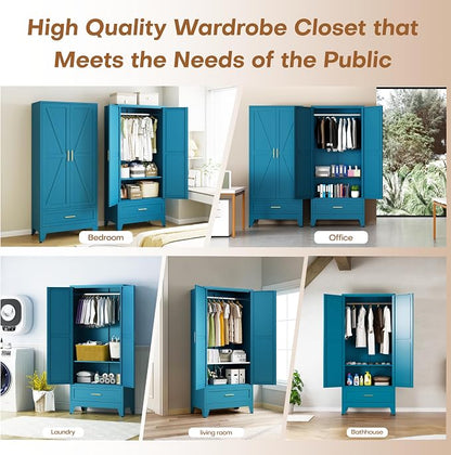 71" H Armoire Wardrobe Closet with 1 Drawer, Metal Wardrobe Closet with Doors and Adjustable Shelves, Wardrobe Cabinet with Hanging Rod, Closets for Bedroom, Laundry Room, Blue