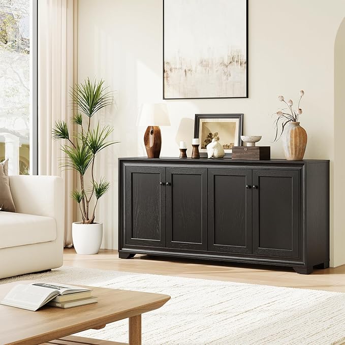 ONBRILL 60" Buffet Cabinet with Storage, 4 Doors Sideboard Buffet Cabinet with Adjustable Shelves, Modern Coffee Bar Console Table for Living Room, Kitchen, Entryway, Black
