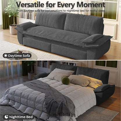 73.2" Sofa Bed Queen Size, Pull Out Couch Bed, 3-in-1 Convertible Sleeper Sofa with Cushion Armrest, Modern Corduroy Futon Couch for Living Room, Small Space, Apartment, Bedroom, Dark Grey