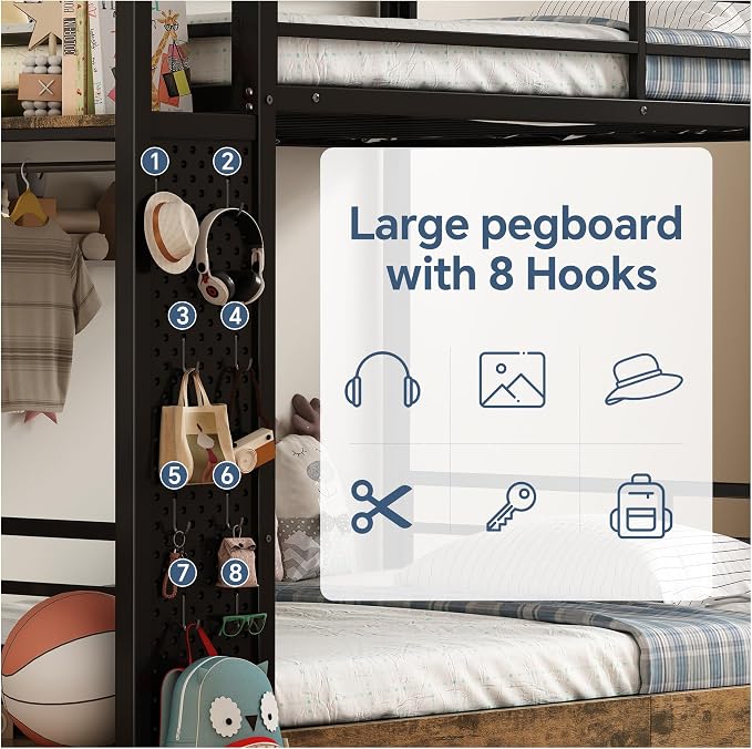 Full Over Full Metal Bunk Bed with Storage Station & Rolling Drawers | Built-In USB Charging Station,Hall Tree & Full Safety Guardrails for Bedroom