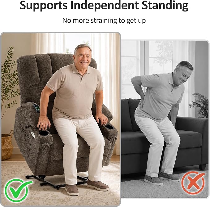 MCombo Oversized Power Lift Recliner Chair for Elderly, Lift Chair with Heat and Massage, Lift Recliner for Big and Tall, Cup Holders, USB & Type C Ports, Fabric R7092 (Mocha, Oversize)