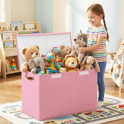 Bagnizer Large Toy Storage Box with Lids, Collapsible Sturdy Baby Storage Organizer Chest Bin Basket for Kids, Boys, Girls, Playroom, Nursery, Bedroom, Closet 25"x13"x16" (Pink)