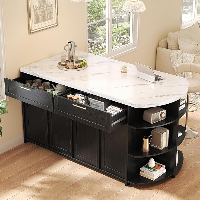 HSH 63” Large Kitchen Island with Seating, White Faux Marble Island Table with 2 Storage Drawers, Cabinets, 3 Open Shelves, Modern Counter Height Stationary Island Prep Table for Kitchen Dining Room