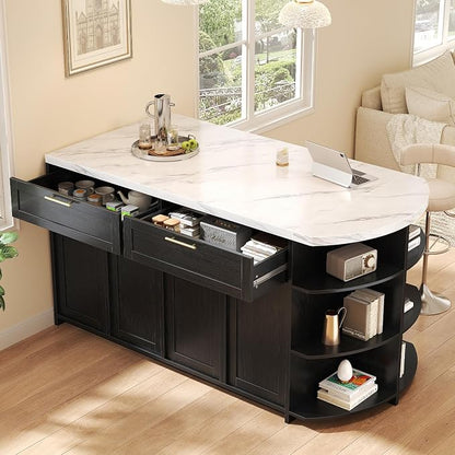 HSH 63” Large Kitchen Island with Seating, White Faux Marble Island Table with 2 Storage Drawers, Cabinets, 3 Open Shelves, Modern Counter Height Stationary Island Prep Table for Kitchen Dining Room