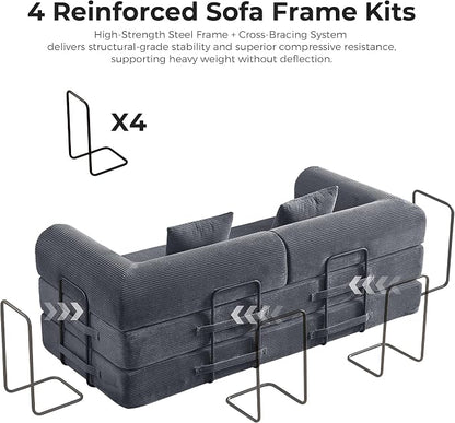 79" 5-in-1 Convertible Sofa Bed No Assembly, Boneless Couch Bed with High Density Foam, Foldable Sleeper Sofa, Corduroy Modular Couch for Apartment, Studio, Dorm Room, Small Space, Dark Gray