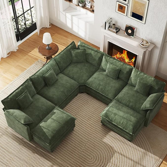 WorthFurni 114” Oversized Modular Sectional Sofa, 7-Seater V Shaped Cloud Couch Set, Comfy Chenille Deep Seat Couches with 2 Movable Ottomans, DIY Combination for Living Room (Green)