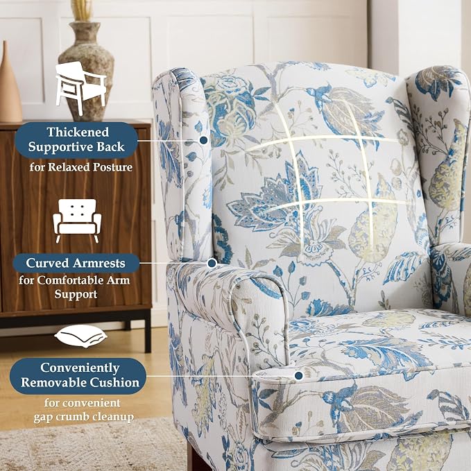 EROMMY Floral Accent Chair, Comfortable High Back Upholstered Armchair with Solid Wood Legs, Leisure Single Sofa Chair for Living Room, Home Office, Bedroom, Blue Floral