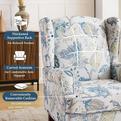 EROMMY Floral Accent Chair, Comfortable High Back Upholstered Armchair with Solid Wood Legs, Leisure Single Sofa Chair for Living Room, Home Office, Bedroom, Blue Floral