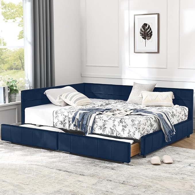 Full Size Corner Bed Frame with Storage Drawers, Comfortable Backrest and Armrests, Velvet Tufted Corner Bed Frame Full Size, Upholstered Daybed for Bedroom, Living Room, Guest Room, Dark Blue