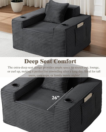 2 Pcs Living Room Cloud Sofa Set, Boneless Sofa Couches with Cup Holder with Side Pocket for Compact Living Rooms, Apartments (Deep Gray, Single Chair + 3 Seat Sofa)