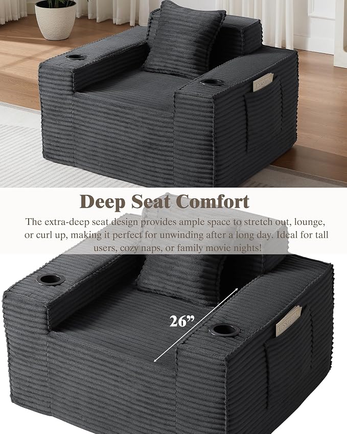 Boneless Sofa Couches with Cup Holder for Compact Living Rooms, Apartments (Deep Gray, Loveseat + 3 Seat Sofa)