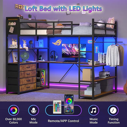 Loft Bed Twin Size with Storage Upholstered Headboard, Metal Twin Loft Bed Frame with U-Shaped Desk & LED Lights, Bunk Loft Beds with Power Outlet, Loft Beds with 4 Storage Drawers, Guard & Ladder