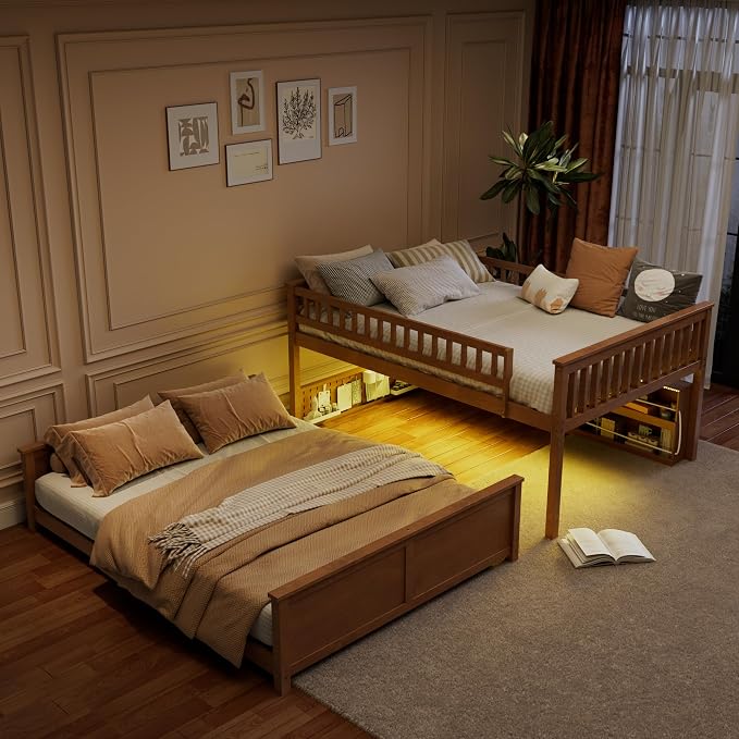 Merax Full Over Queen Bunk Bed,Wood bunk Bed with LED,Bed with Integrated Shelving, Color-Changing Lights and Pegboard, Full XL Over Queen, Brown