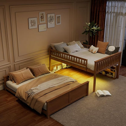 Merax Full Over Queen Bunk Bed,Wood bunk Bed with LED,Bed with Integrated Shelving, Color-Changing Lights and Pegboard, Full XL Over Queen, Brown