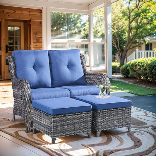 Outdoor Loveseat Sofa - 3 Piece Patio Furniture with Ottoman Deep Seating Patio Couch for Porch Deck Garden Backyard - Grey/Blue