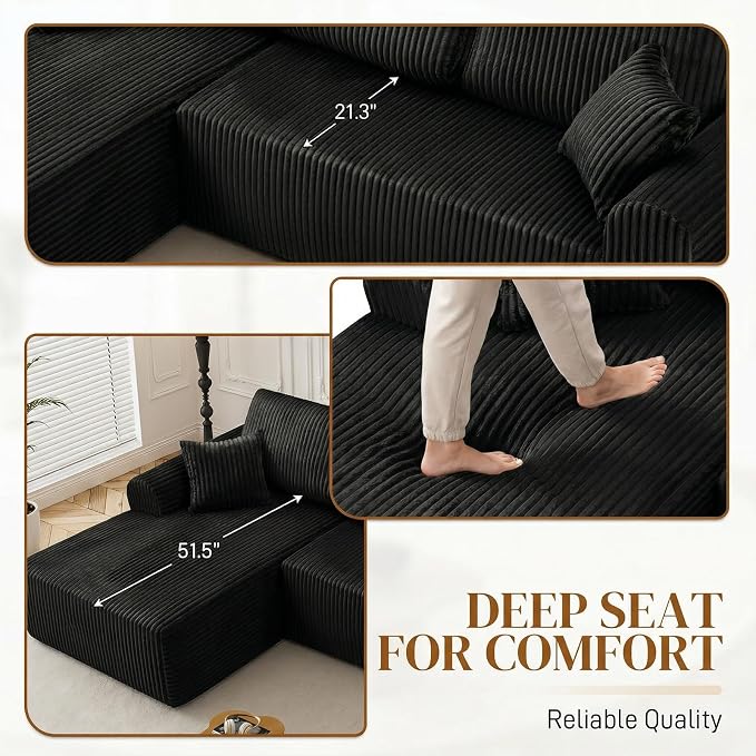 110" L Shaped Boneless Sectional Couches for Living Room, Comfy Corduroy Floor Cloud Sofa with Chaise, Wide Armrest, Deep Seat, Memory Foam, Assembly Free, Ideal for Small Spaces, Black