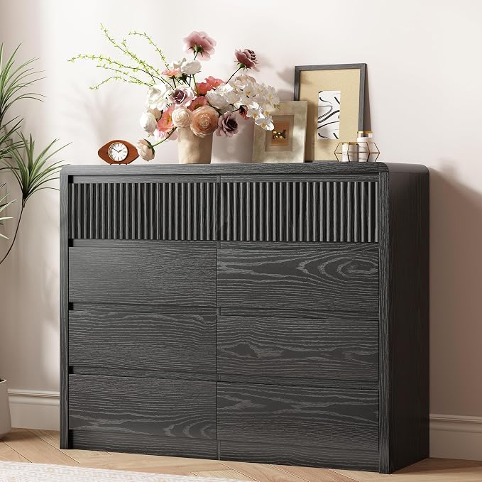 LYNSOM 8 Drawer Dresser for Bedroom, 50" Wide Fluted Dresser with Curved Corners, Wood Dressers & Chests of Drawers with Dual-Panel Design for Bedroom, Entryway, Black