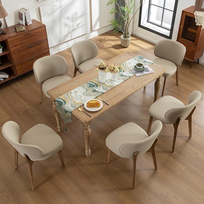 YOUNIKE Dining Chairs Set of 4 Modern Kitchen Dining Room Chairs Khaki | Faux Leather Upholstered Armless Side Accent Chair with Back Wide Padded Seat Wooden Leg, Soft, Waterproof, Comfortable