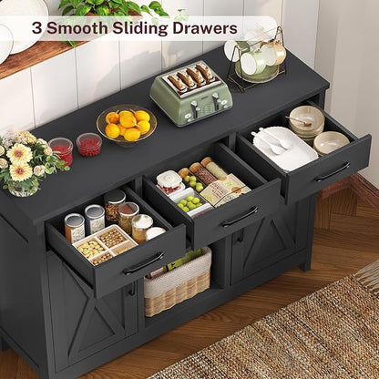 TEENFON Storage Cabinet, Coffee Bar Cabinet with 3 Drawers, 2 Adjustable Shelves & 2 Doors, Buffet Cabinet, Kitchen Cabinet for Kitchen, Dining Room, Living Room, Black