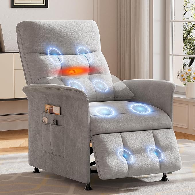 Power Recliner Chair for Adults with Heat & Massage - Soft Fabric Electric Reclining Sofa with Remote Control, 3 Side Pockets, 180° Lay Sleeper for Home Theater Living Room, Light Grey